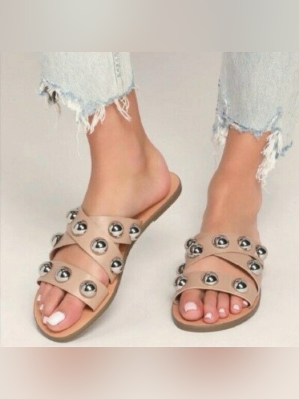 Marc Fisher Bryte 2 Nude Silver Studded Slide Sandals Size 7.5